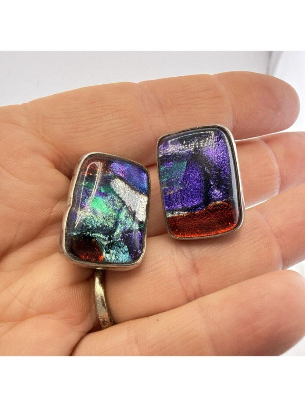 Charles Albert Earrings Dichroic Art Glass Sterling Silver Clip On 18g Colorful - Picture 11 of 13